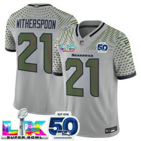 Seattle Seahawks 21 Devon Witherspoon Gray 2026 Super Bowl LX & 50th Patches Rivalries F.U.S.E. Vapor Limited Men Jersey