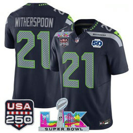 Seattle Seahawks 21 Devon Witherspoon Navy F.U.S.E. Vapor Limited Men Jersey with 2026 Super Bowl LX & 50th & USA 250 Patches