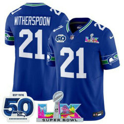 Seattle Seahawks 21 Devon Witherspoon Royal 2026 Super Bowl LX & 50th Patches F.U.S.E. Vapor Limited Men Jersey