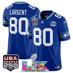 Seattle Seahawks 80 Steve Largent Royal F.U.S.E. Vapor Limited Men Jersey with 2026 Super Bowl LX & 50th & USA 250 Patches