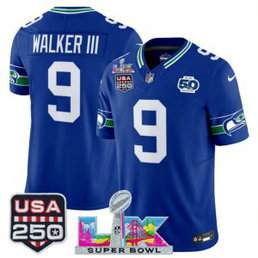 Seattle Seahawks 9 Kenneth Walker III Royal F.U.S.E. Vapor Limited Men Jersey with 2026 Super Bowl LX & 50th & USA 250 Patches