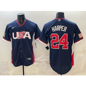 Team USA 24 Bryce Harper 2026 World Cup Navy Cool Base Men Jersey