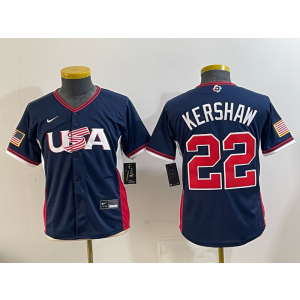 Team USA Dodgers 22 Kershaw Navy 2026 World Cup Cool Base Youth Jersey