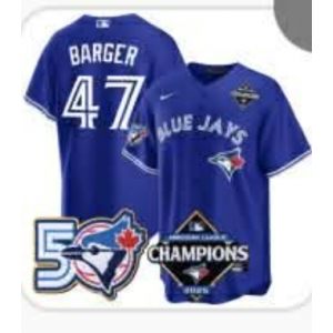 Toronto Blue Jays 47 Addison Barger 50th Anniversary & Champion Cool Base Men Jersey Toronto Blue Jays 47 Addison Barger 50th Anniversary & Champion Cool Base Men Jersey
